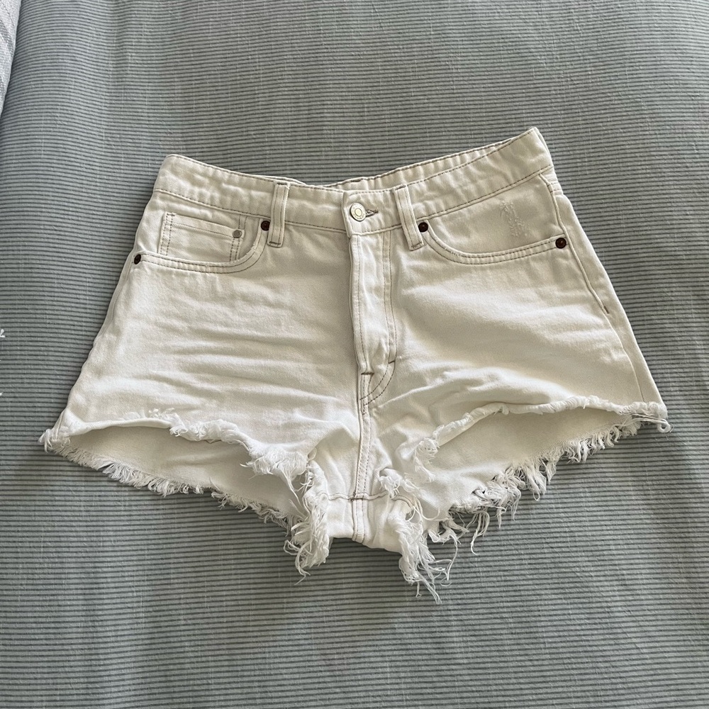 H&M White Denim Cutoff Shorts with Frayed Hem